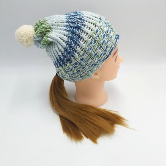 Fingerless Gloves Beanie Hat Toque Pompom Small Blue Green Handmade Loom Knit - Picture 4 of 16